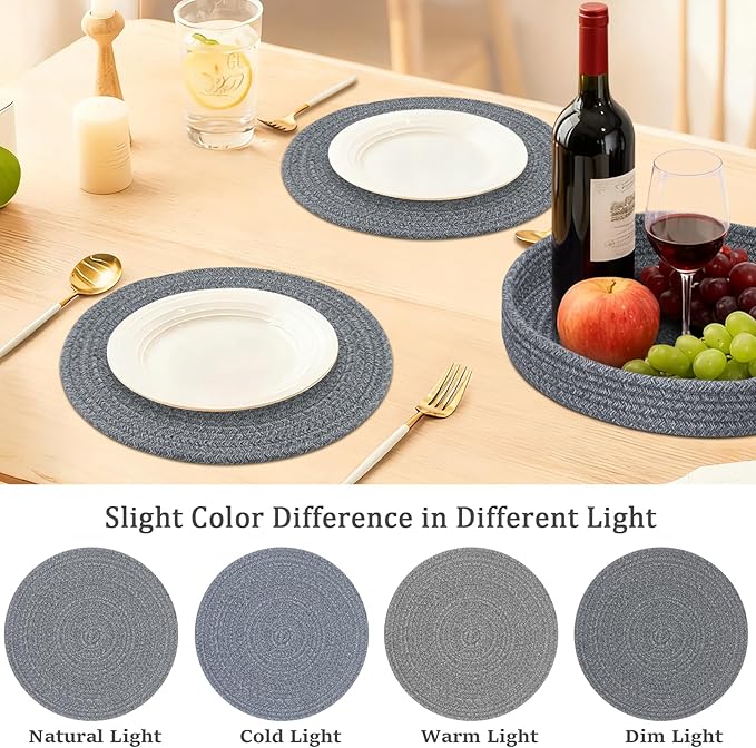 Round Placemats Set of 6 with Holder, Cotton Rope Woven Place Mats, Hot Pads for Kitchen, Heat Resistant Table Mats, 13 Inch Farmhouse Washable Braided Placemat for Kitchen Decor (Dark Gray)