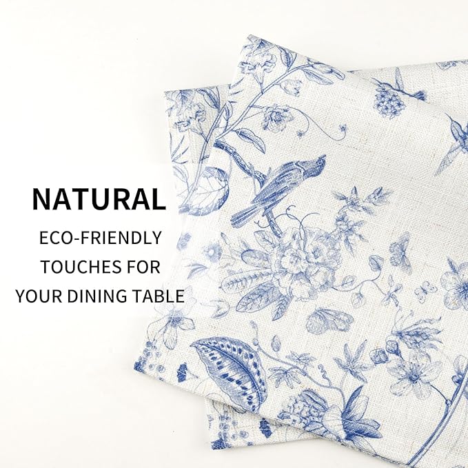 QIYI Boho Placemats Set of 6, 12x18 Inch Linen Fabric Place Mats for Kitchen Dinning, Farmhouse Rustic Floral Cloth Table Mats, Washable Placemat Botanical Party Table Décor, Blue Garden