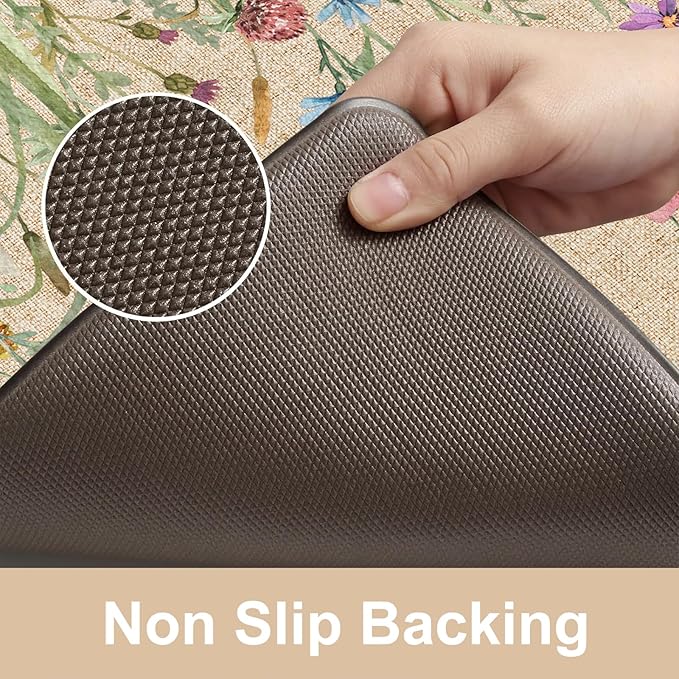 KIMODE Anti Fatigue Mats for Kitchen Floor 17.3"x29", Cushioned Kitchen Rugs, Non Slip Waterproof Kitchen Floor Mat, Floral Comfort Standing Mat for Laundry, Office, Sink, Desk Brown