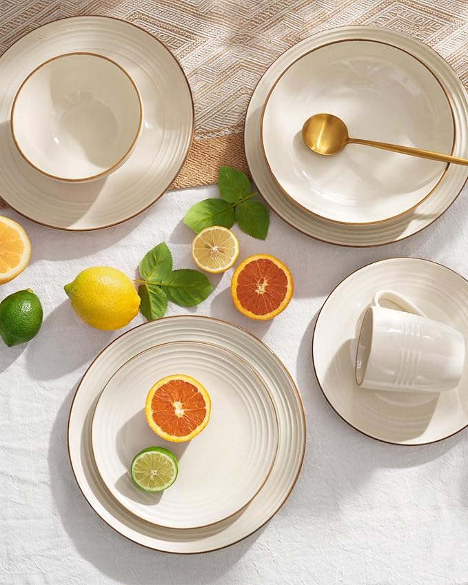 Famiware Jupiter Dinnerware Set with Pasta Bowl, Plates and Double Bowls Dish Sets for 4 (16 Pieces), Microwave and Dishwasher Safe Stoneware Tableware, Chip and Scratch Resistant, Vanilla White