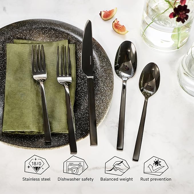 KINGSTONE Black Silverware Set, 40-Piece Flatware Cutlery Set Premium Stainless Steel, Service for 8, for Kitchen, Home, Wedding, Party, Mirror Polished and Dishwasher Safe