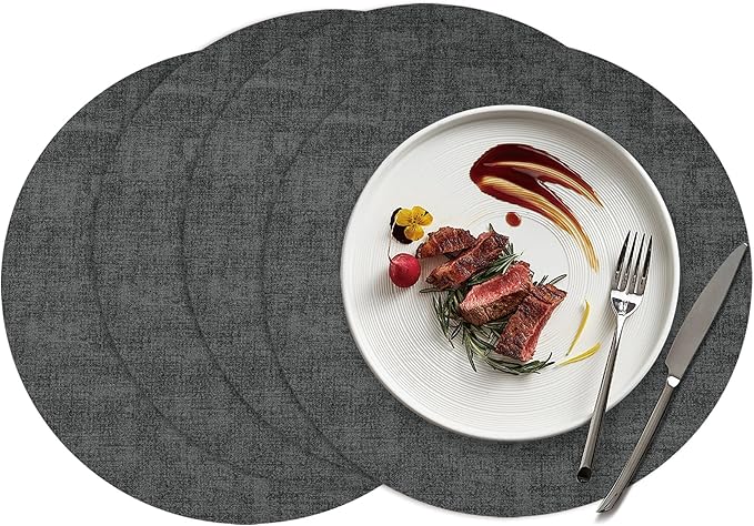 15 inch Faux Leather Round Placemats Set of 4 Non-Slip Washable Wipeable Table Mats, Heat Resistant Waterproof Oilproof Black Place Mats for Kitchen, Dining, Party, Indoor, Outdoor