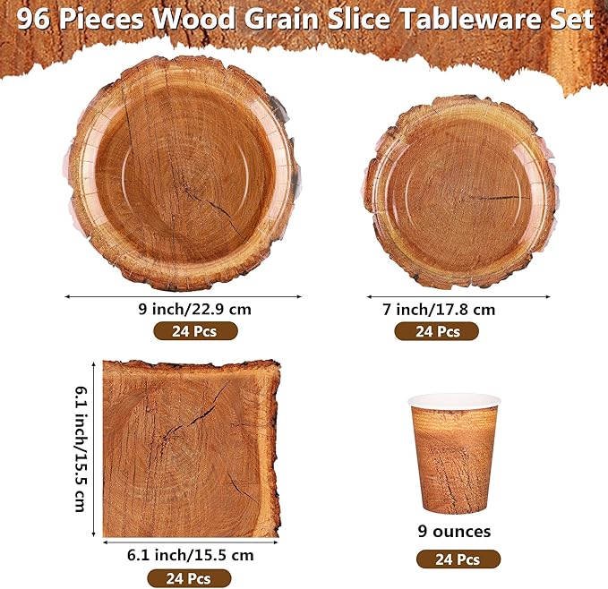 Kochorie 96 Pieces Wood Grain Slice Tableware Sets Rustic Wood Party Supplies Including Paper Plates, Napkins, Cups, Serves 24 for Camping Birthday Hunting Forest Party Decorations
