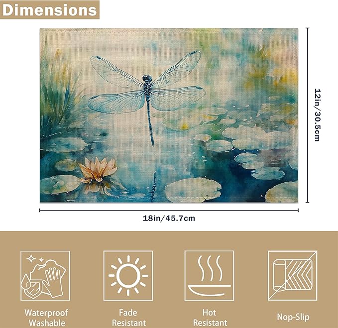 Table Placemats Set of 6, Waterproof Linen Fabric, Non-Slip Backing & Easy Clean, Elegant Dining Table Protectors for Family and Guests(Watercolor Dragonfly)