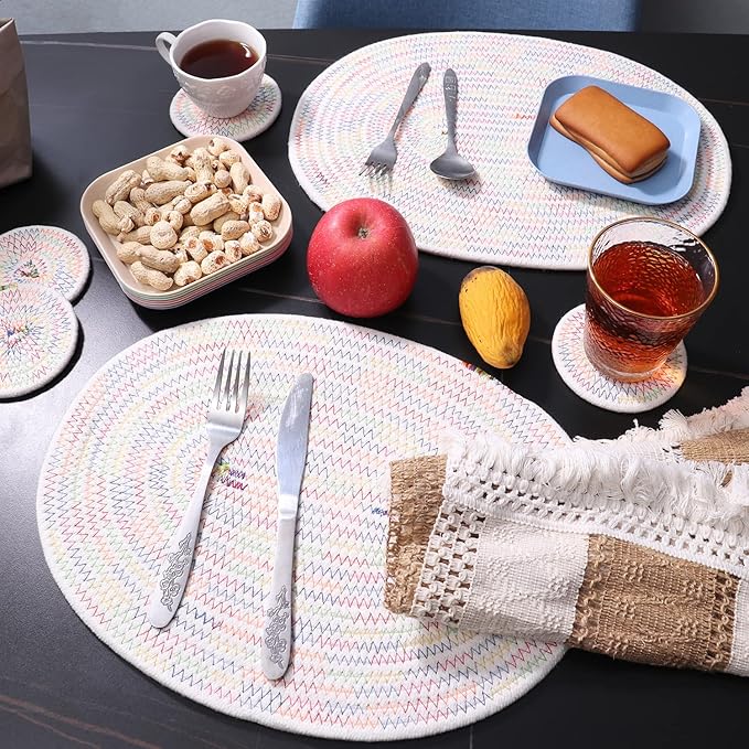 Set of 4 Oval Woven Placemats, Cotton Plate Chargers with 4 Pack Round Coasters, Thick Heat Insulation Household Table Mats Braided Bowl Mats Placemats Fabric Rustic Tablemats for Dining Table