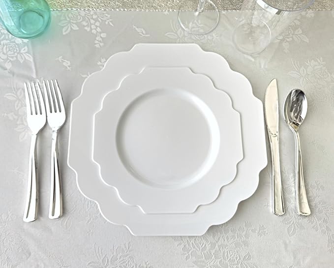 " OCCASIONS " 50 Plates Pack (25 Guests)-Heavyweight Wedding Party Disposable Plastic Plate Set -(25x10.5'' Dinner + 25x8'' Salad/Dessert) (Imperial in White)