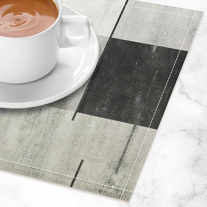 Gradient Placemat Set, Modern Minimal Black White Grey Abstract Geometric Shape Line Patchwork Pattern Home Decor Linen Table Mats for Dining Room Kitchen Party (17x12in) x2P