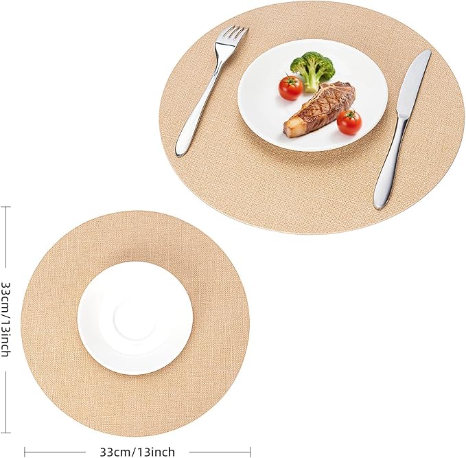 Round Wipeable Placemats Set of 6 – Faux Leather Round Table Mats, Waterproof & Washable Vinyl Placemats, Circle Design for Dining Table Decor– Warm Tan