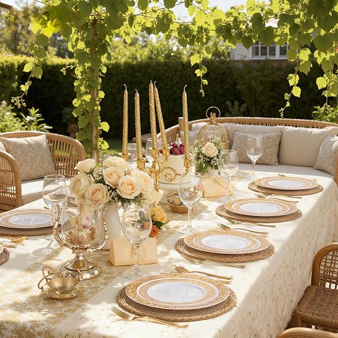 WDF 150PCS Gold Plastic Plates Set - Valentines Plates 25Guests Gold Disposable Dinnerware Sets for Valentine's Day