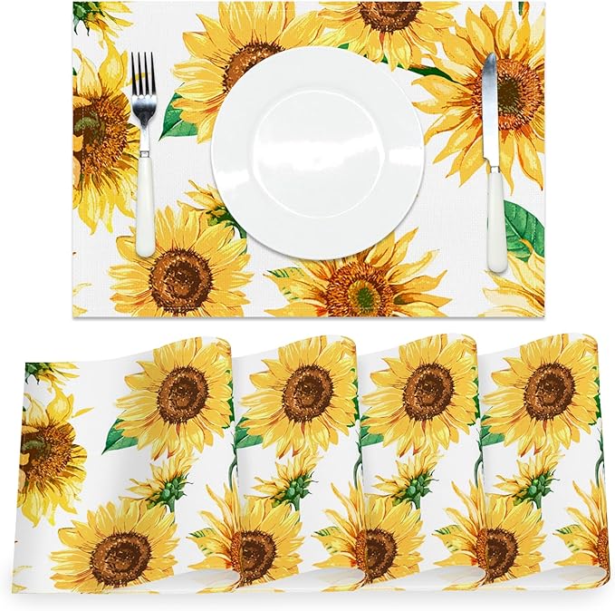 AOFOTO Sunflower Placemats Set of 4 Yellow Flowers Leaves Printed Place Mats Rectangular Artistic Table Mats for Party Home Kitchen Restaurant Dining Table Decor 12x18 Inch