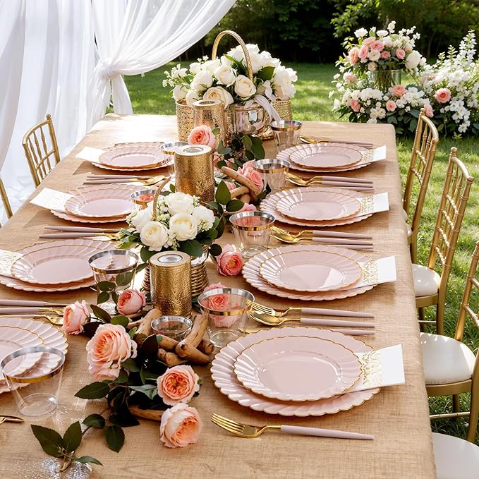 Ciaell 175 PCS Pink Scalloped Plastic Plates with Gold Trim - Pink Plastic Silverware with Handle - Fancy High-End Dinnerware Sets for Wedding & Baby Showers & Party & Valentine's Day
