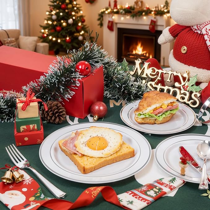 bUCLA 150-Piece Silver Disposable Dinnerware Set - White Plastic Plates with Silver Rim - Include 25 Dinner Plates, 25 Dessert Plates, 25 Forks, 25 Knives, 25 Spoons & 25 Cups for Party & Christmas