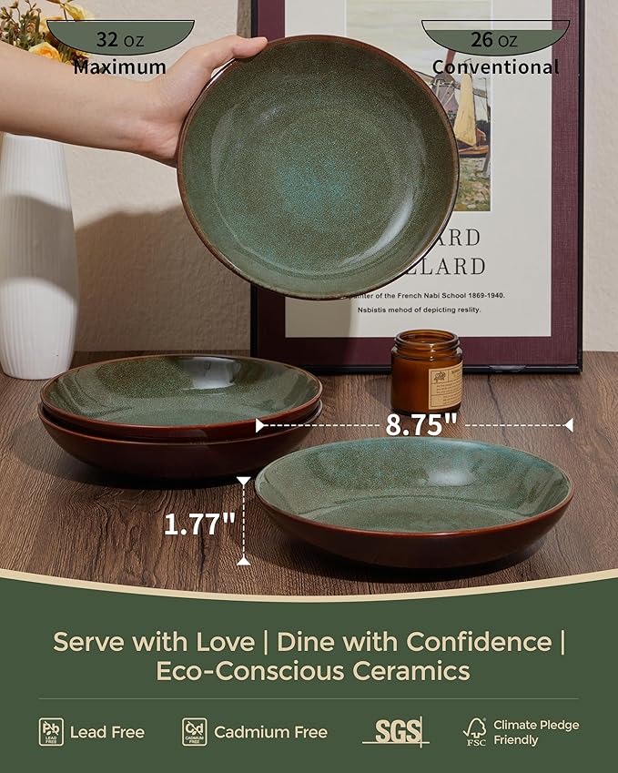 Stoneware Pasta Bowls Set of 6, 8.75 Inch Ceramic Bowl Set 32 Oz, Microwave & Dishwasher Safe Bowl Plates, Large Salad Bowl for Serving Soup, Pasta, Noodle, Dinner, Brown Green