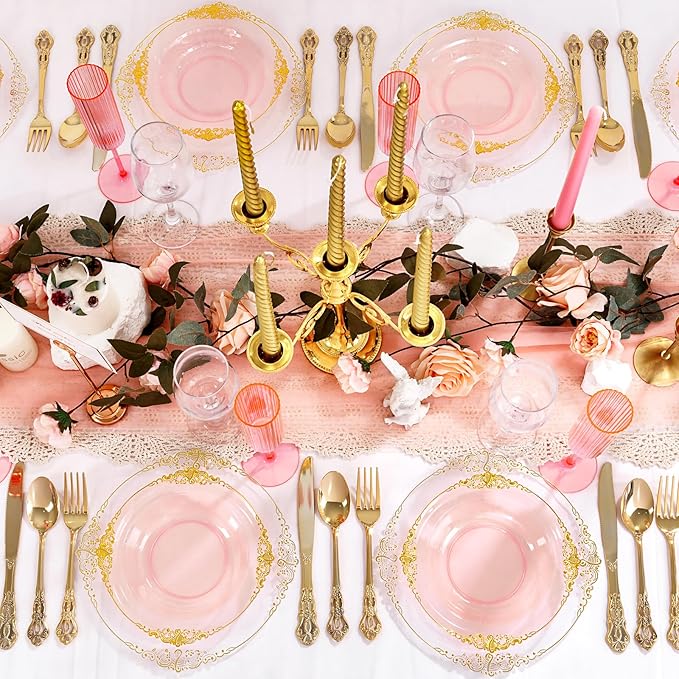 100PCS Clear Pink Plastic Bowls - 12 oz Pink Gold Disposable Salad Bowls - Heavy Duty Disposable Soup Bowl - Fancy Plastic Ice Cream Bowl for Weddings Valentine's Day Parties Dinners Picnics