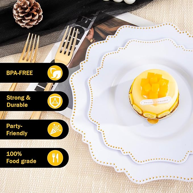 COLOSUS 60pcs Disposable Plastic Plates Set, Gold White Party Plates, 30pcs Dinner Plates and 30pcs Salad/Dessert Plates for Wedding, Party, Anniversary, Daily Use,New Year
