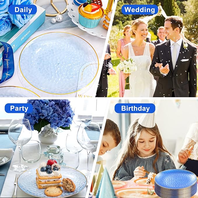 Rubtlamp 100 Pcs Clear Blue Gold Plastic Plates, Clear Hammered Plastic Plates, Blue Party Platos, Disposable Salad/Dessert Platos, 7-Inch Disposable Dessert/Appetizer Platos Perfect For Party