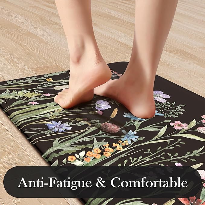 KIMODE Anti Fatigue Mats for Kitchen Floor 17"x47"+17"x29", Farmhouse Floral Kitchen Rugs Sets of 2, Cushioned Kitchen Floor Mats, Non Slip Standing Mat for Sink, Laundry, Office, Desk Black