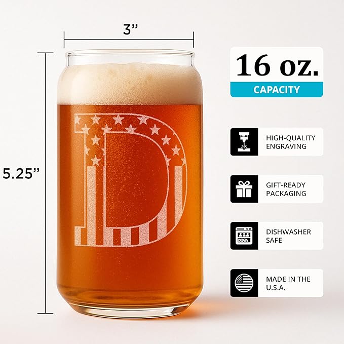 Monogram Beer Glasses for Men (A-Z) 16 oz - Beer Gifts for Men Brother Son Dad Neighbor - Unique Gifts for Him - Personalized Drinking Gift Beer Glass Mugs - Engraved Beer Can Glass (D)