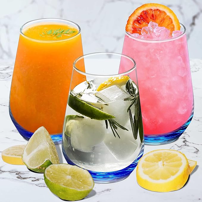DISCOUNT PROMOS 10 Vaso Silicia Stemless Wine Glasses Set, 16 oz. - Clear, Orb-Like, Thick base - Blue