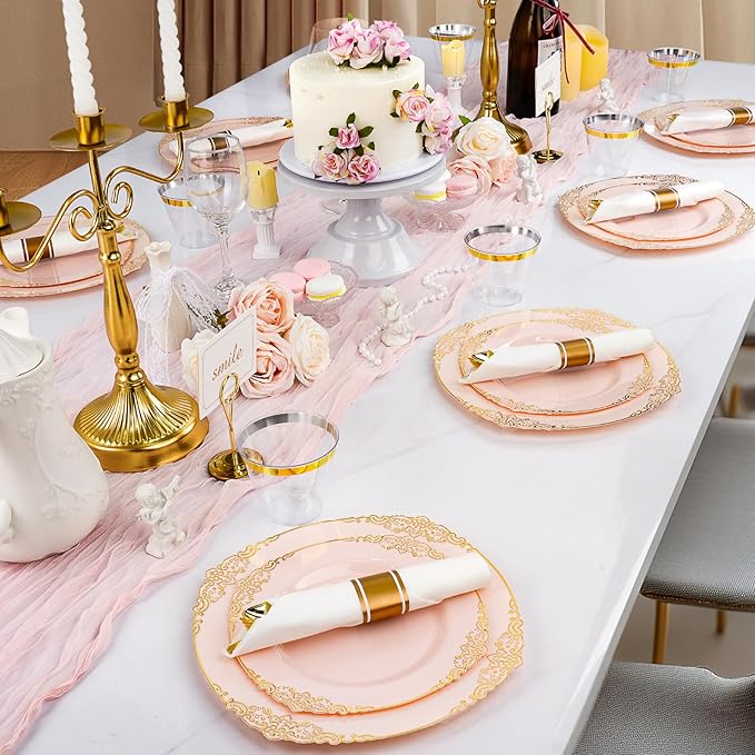 350 PCS Pink and Gold Plastic Plates, Plastic Dinnerware Set for 50 Guests, 100 Disposable Plates, 150 Silverwares, 50 Cups, 50 Napkins for Party, Wedding, Graduation
