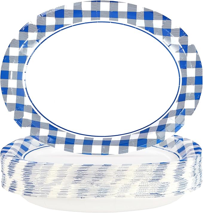 50Pcs Blue and White Gingham Oval Paper Plates 10" x 12" Large Blue Gingham Checkered Plaid Plates Disposable Heavy Duty Oktoberfest Plate for Oktoberfest Holiday Picnic BBQ Birthday Party Decorations