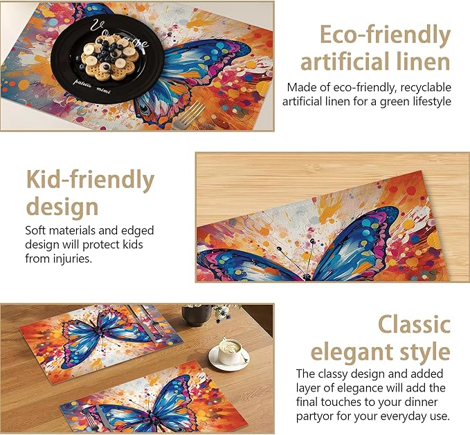 Table Placemats Set of 6, Waterproof Linen Fabric, Non-Slip Backing & Easy Clean, Elegant Dining Table Protectors for Family and Guests(Colorful Butterfly)