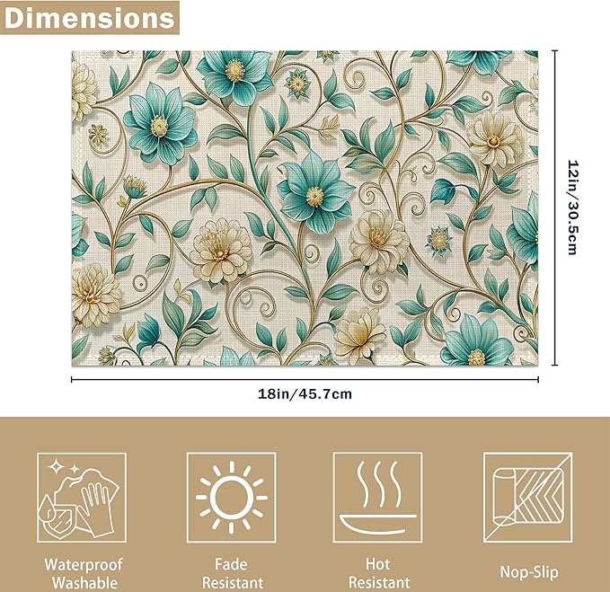 Abstract Gold Flower Placemats Set of 6, Linen Washable for Christmas, Thanksgiving, Party, and Daily Dining, Decorative Table Mats for 4-6 Person Table