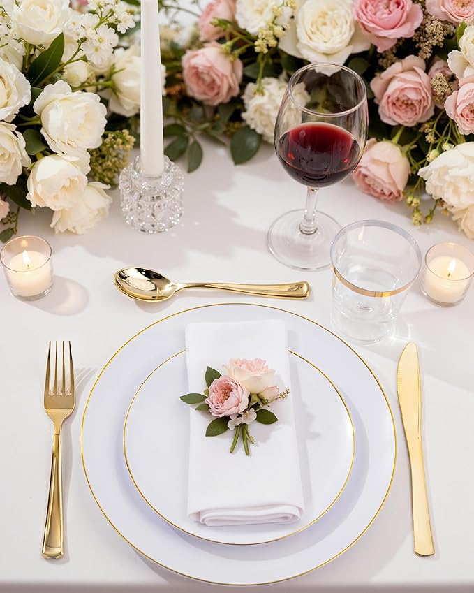 Nervure 100Pieces White with Gold Rim Plastic Plates - 7.5inch Disposable Gold Salad/Dessert Plate - White and Gold Plastic Plates Ideal for Wedding & Party
