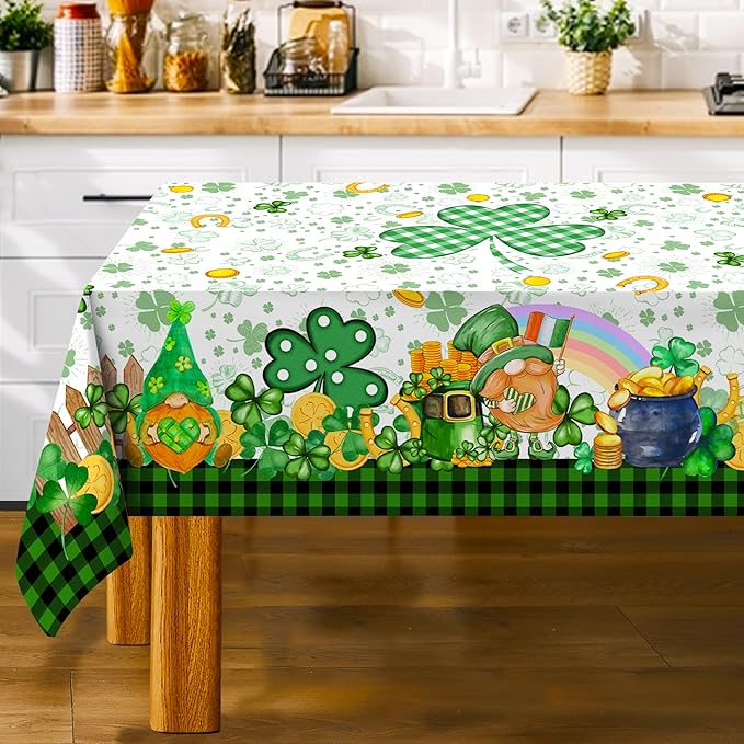 St Patricks Day Tablecloth, St Patricks Table Cloth Rectangle 60 x 120 with Shamrock Gnome, Saint Patricks Day Oblong Tablecloth Buffalo Check Plaid Kitchen Table Cover for Dining Room Indoor Decor