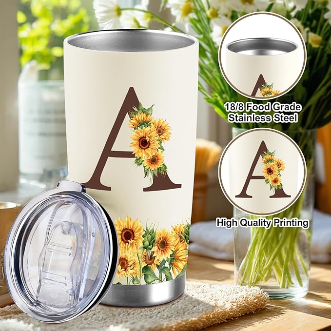 Sunflower Gifts for Women - Personalized Christmas Gifts for Women - Birthday Gift for Woman - Mothers Day Gift for Mom - Monogrammed, Initial 20oz Travel Cup Insulated Tumbler with Lid, A