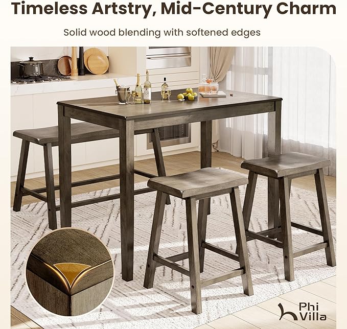 PHI VILLA Kitchen Table with Bench and Chairs, Counter Height Table and Chairs, Solid Wood Small Dining Table Set for 4, High Top Kitchen Table Chairs Set of 4, Smoky Brown