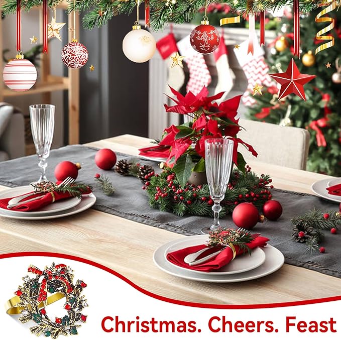 ZeeDix Christmas Wreath Napkin Rings Set of 6, Holiday Christmas Napkin Ring Holders for Cloth Napkins, Xmas Napkin Rings for Thanksgiving Holiday Dinner Party Table Setting