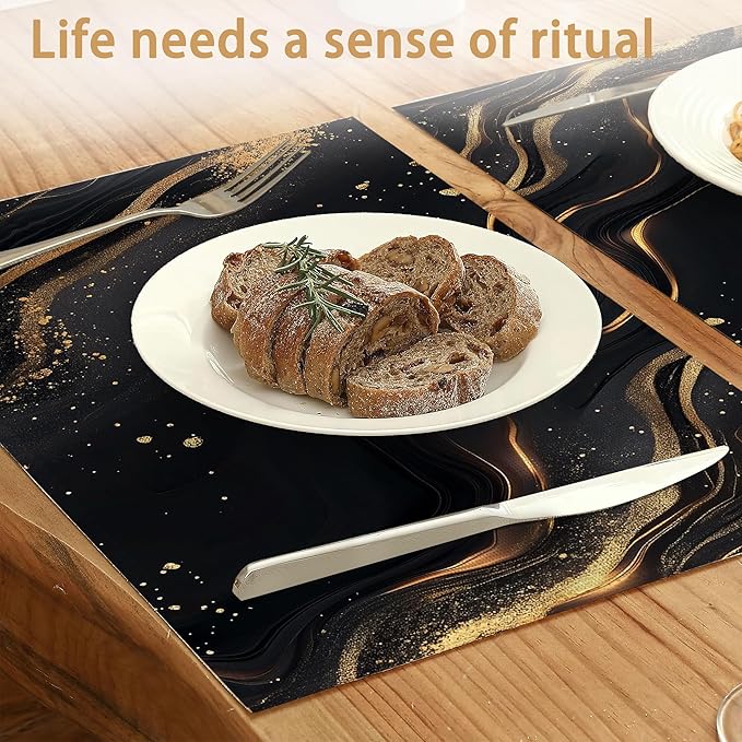 Abstract Marble Placemats Set of 6,Gold Black Waterproof Non-Slip Washable Table Mats for Kitchen Dining Holiday Party Wedding Decor 12x18 Inch
