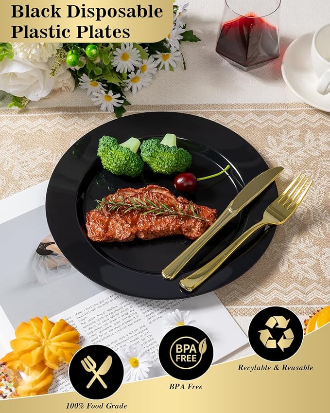 BESTVIP 50PCS Black Plastic Plates, 10.25 Inch Disposable Dinner Plate Party, Heavy Duty Disposable Plastic Plates - Ideal for Parties, Wedding and Birthday, Everyday Meals Use