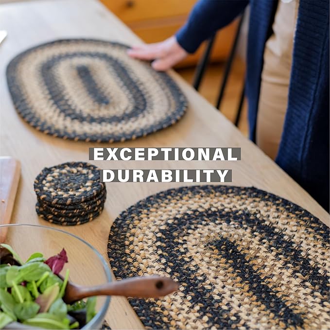 Homespice Kilimanjaro Jute Braided Oval Placemats, Warm Primitive Decor, Set of 6, 13x19 Black and Tan Table Mats - Vibrant Colors, Durable, Easy to Clean and Protects Furniture