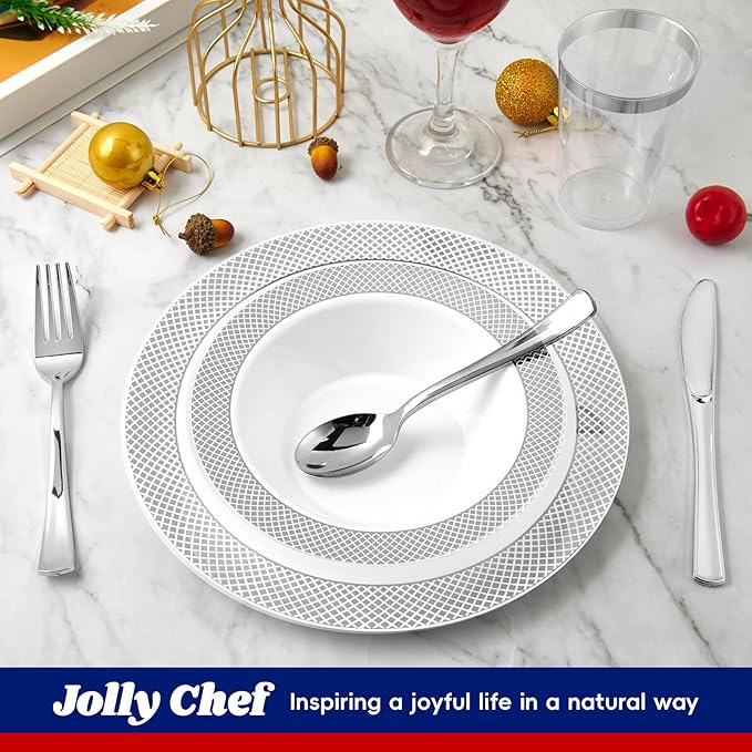 JOLLY CHEF 50 Pack Plastic Bowls with Silver Rim, 12 oz Disposable Soup Bowls, Heavy Duty Plastic Dinner Bowl for Weddings, Party, Dinners, Catering, Christmas and Everyday Use