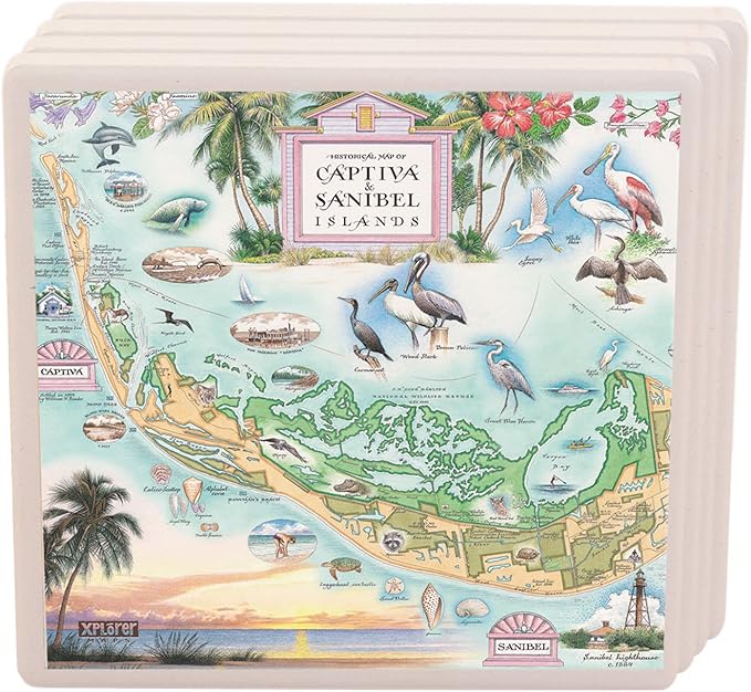 Florida's Sanibel-Captiva Islands Map Ceramic Coasters with Cork Base - Set of 4