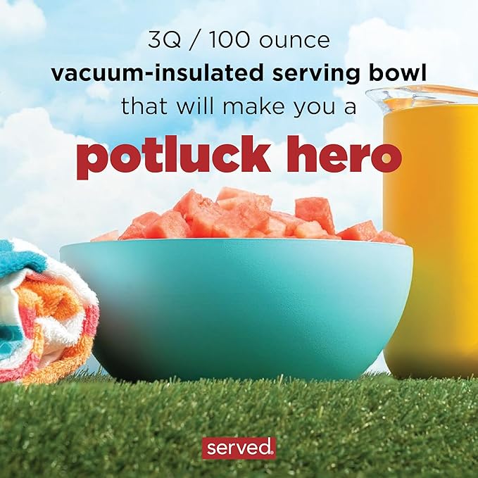 served Large Insulated Serving Bowl with Lid (100oz/3QT) - Double-Walled Stainless Steel Bowl for Hot & Cold Food - Vacuum Insulated, Spill-Resistant Thermal Bowl for Parties, Casseroles, Tailgates