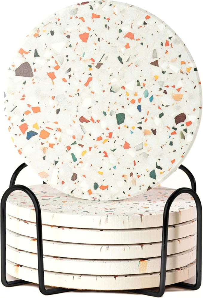 Terrazzo Coasters Set of 6, Ceramic Absorbent Drink Coasters, Cute Moisture Absorbing Coaster, Coffee Table Desk Decor, Colorful Stone Coaster for Drinks (Marble with Black Holder)