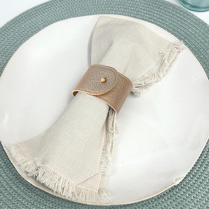 Luxury Leather Napkin Rings Set of 8, Champagne, Morgan Faux Style, Modern Cuff Design for Wedding Party Decorations, Kitchen, Holiday Table,Rust Proof,Hotel, Home, Table Accessories, Dining