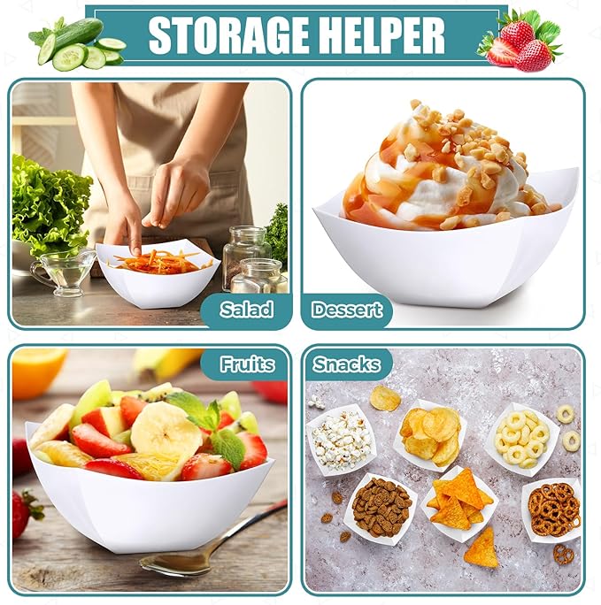 Sliner 100 Pcs Square Plastic Bowls 8 oz Plastic Serving Bowls Disposable Chip Containers for Parties Snack Fruit Candy Containers for Candy Buffet Salad Bar Buffet Party Supplies(White)