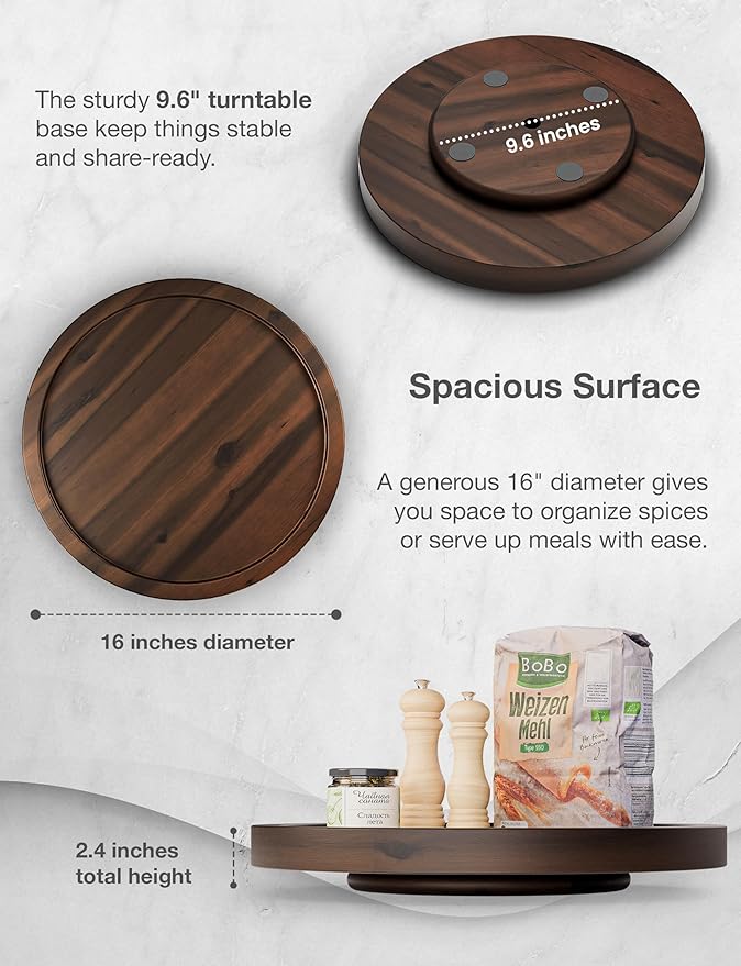 16" Acacia Lazy Susan Turntable for Table - Wooden Charcuterie Boards Cheese Board - Extra Large Lazy Susan Organizer - Kitchen Turntable for Cabinet, Pantry (16 Inch, Walnut)