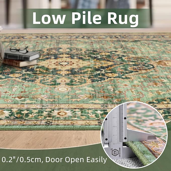 Green Rugs for Bedroom Area Rugs 5x7 Washable Rugs Boho Vintage Oriental Large Foldable Faux Wool Carpet for Living Room Nursery Room Dorm Kids Playroom Home Office