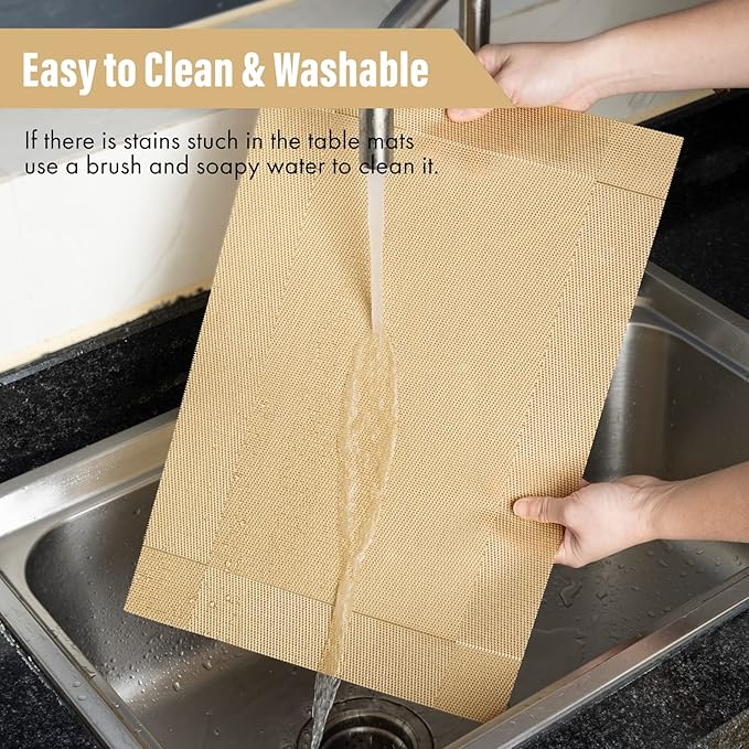 Winknowl Placemats Set of 8, Washable Vinyl Woven Placemats, Heat Resistant & Wipeable Table Mats for Kitchen Dining Table (Golden)