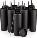 STRATA CUPS Black Skinny Tumblers with Lids and Straws (12 pack) - 16oz Double Wall Acrylic Tumbler, Tall Matte Skinny Tumblers, Bulk with Free Straw Cleaner, Reusable Cups