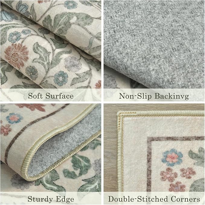 Beige Floral 8x10 Area Rugs for Living Room Large Washable Rug Vintage Forest Low Pile Non Slip Stain Resistance Soft Carpet for Dining Room, Bedroom, Office Rug, Kids Room, Nursery Room, Playroom