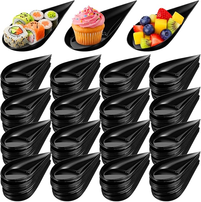 400 Pcs 4" Tear Drop Mini Appetizer Plates, Black Reusable Plastic Mini Appetizer Spoons Small Catering Cakes Tasting Cups Desserts Dishes Serving Plate, for Wedding, Buffet, Party Events