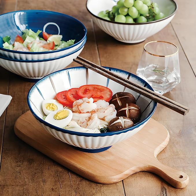 Porcelain 8 Inch Ramen Bowls Set of 4, 38 Oz Ceramic Soup Bowls for Udon, Soba, Noodles and Soup, Ideal for Japanese Cuisine Home Kitchen Dining, Blue and White