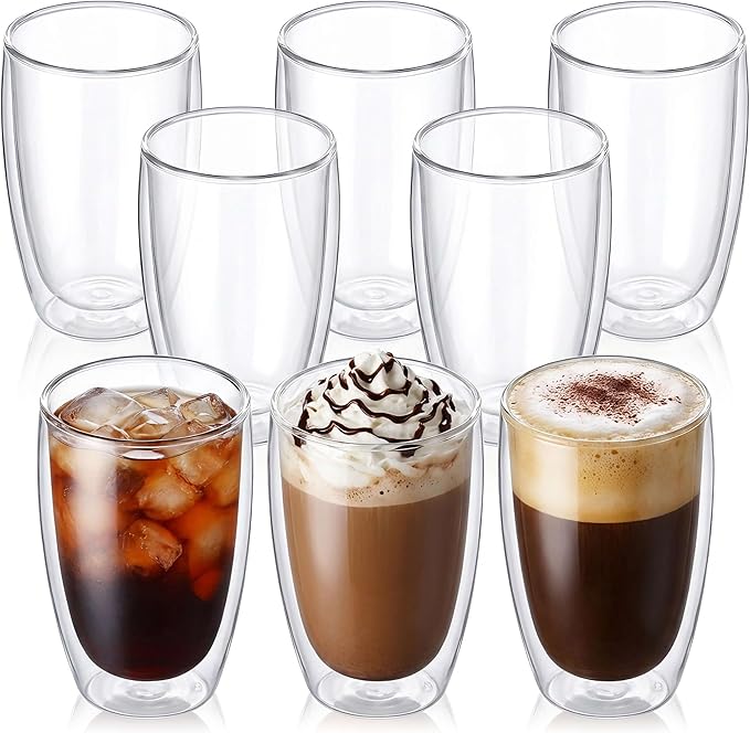 17oz Double Wall Glass Coffee Mugs Set of 8, Insulated Coffee Mug, Clear Borosilicate Glass Coffee Cups for Cappuccino, Tea, Lightweight and Microwave Safe