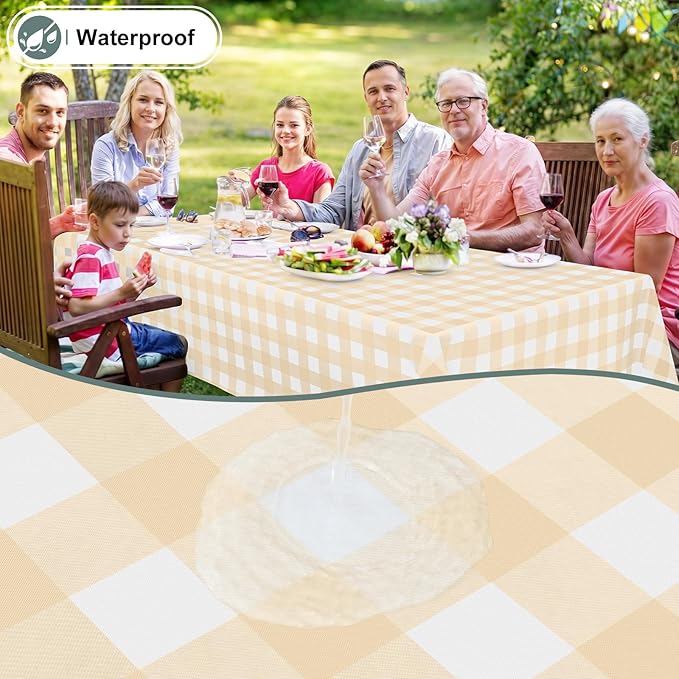 misaya Rectangle Waterproof Vinyl Table Cloth, Buffalo Flannel Backed Tablecloth, Wipeable Plastic Table Cover for Dinner, Kitchen, Outdoor (60" x 84", Beige and White)